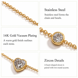 Collier Cœur en Zircon Acier Inoxydable Plaqué Or 14K sous Vide avec Accents Ronds Sertis, Chaîne de 45cm, Tons Or et Argent - Product Image 2
