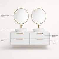 Meuble-lavabo mural pour salle de bain avec miroirs ronds, double vasque, armoire flottante cannelée, poignée dorée, fabrication OEM ODM sur mesure