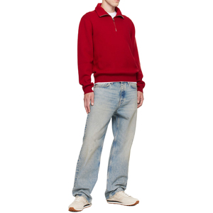 Pull en maille extensible rouge double face en mélange de laine avec demi-fermeture éclair pour homme, fabriqué sur mesure - Product Image 1