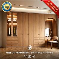 Système de dressing moderne sur mesure en bois, armoire intégrée avec coiffeuse et éclairage LED