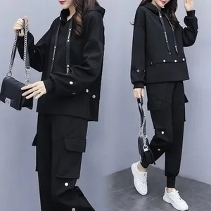 Women <b>Tracksuit</b> Set Black Plus Size Hooded Casual Sporty Loose Fit Two Piece Suit <b>Polyester</b> Fabric - Product Image 1
