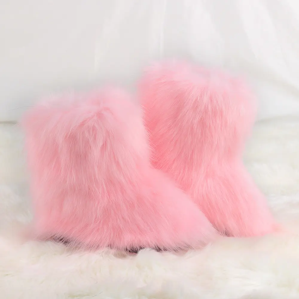 Factory Ankle Furry Fur Boots outdoor plush Fur Fashion home Faux Fox Fur Boots Women Snow Flat Winter Warm Fuzzy Furry Boots