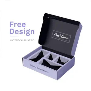 Caja de embalaje para cuidado de la piel con logotipo personalizado, conjunto de belleza de lujo con inserto corrugado, color negro y morado, envío gratis