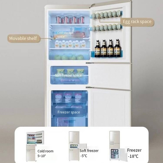 D153L Mini Retro Design Refrigerator Dual Door Fridge up Freezer Down Refrigerate for Household Door Handle Fridge