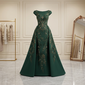 Vestido de Noche Largo Elegante con Mangas Cortas Color Verde Esmeralda y Cola con Pliegues para Ocasiones Formales - Product Image 2