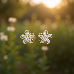 Orecchini a Perno con Fiore in Oro, Zirconi Taglio Marquise, Placcati in Oro 18K, Gioielli Romantici da Festa per Donne - Product Image 2