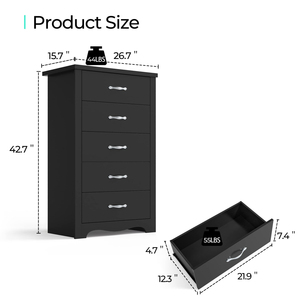 Cómoda Negra de 5 Cajones, Moderna para Dormitorio con Cajones Anchos, Organizador de Almacenamiento de Madera para Sala de Estar - Product Image 6