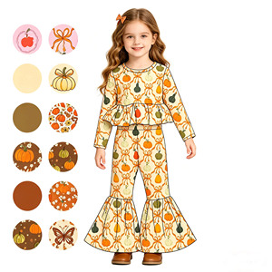 Conjuntos de Ropa de Boutique al por Mayor para Hermanas: Pantalones Acampanados Casuales de Otoño con Lazos de Calabaza para Niñas Pequeñas, 2 Piezas - Product Image 1