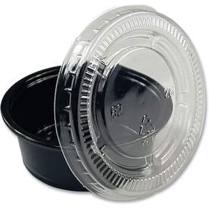Vasos pequeños para soufflé/portions Boardwalk de 1.5 oz, de polipropileno negro con tapa, para refrigerios, bebidas, leche, ensalada, 2,500 unidades/caja - Product Image 6