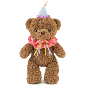 Exquisitos muñecos de oso con bufanda y sombrero de cumpleaños para niños de más de 36 meses, arandela de bloqueo de 11,8 pulgadas, ojos, oso de peluche pequeño marrón - Product Image 1