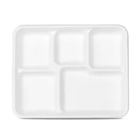 Bandeja de Almuerzo de Bagazo de 5 Compartimentos Libre de PFAS, 260x210mm, Bandejas Desechables Compostables BPI para Preparación de Comidas en Comedores Escolares