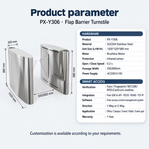 ประตูหมุนแบบ Flap Turnstile ทำจากสแตนเลส พร้อมระบบ IC RFID ระบบจดจำใบหน้า เซ็นเซอร์อินฟราเรด สำหรับทางเข้า-ออกของผู้โดยสารในสถานีรถไฟฟ้าใต้ดินและสนามบิน - Product Image 4