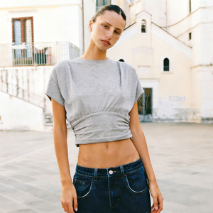 Camiseta Corta de Mujer, Manga Corta, Color Sólido, Tejido de Punto, Mezcla de Algodón, Cintura Ajustable, Casual, Ecológica, Corte Ajustado, para Verano - Product Image 5