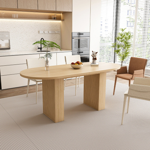 Table à manger ovale pour 6 personnes, 62,9 pouces, style moderne, hôtel, écologique, durable, base en bois à lattes, piédestal, finition naturelle - Product Image 1