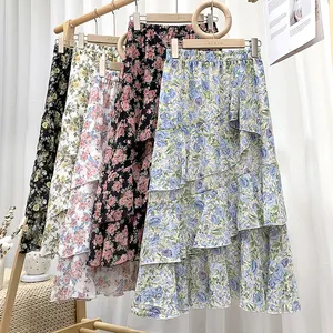 2021 new women's casual fashion chiffon skirt summer beautiful floral lotus leaf beach vacation high waist long skirt