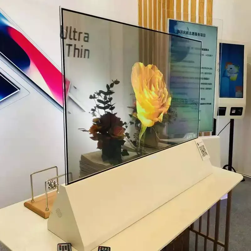 工場フロアスタンド透明ガラスOLEDスクリーンディスプレイデジタルサイネージ特殊デザインスクリーン