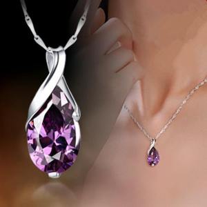 Collana con ciondolo a goccia d'acqua viola in argento 925 placcato rodio con strass di cristallo per donna, romantica, da indossare tutti i giorni, con catena a serpente - Product Image 1