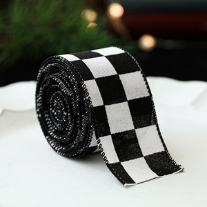 Ruban décoratif en lin imitation, noir et blanc, à carreaux, gaufré, 2 m, pour emballage cadeau, couronnes et nœuds, vente en gros - Product Image 4