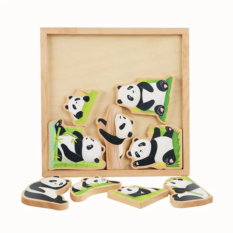 Houten Panda Leuke Puzzel Blokken Puzzelhanden Kinderen Op Hersenen Cartoon Mozaïek Bord Gestapeld Houten Speelgoed