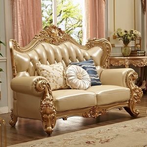 Ensemble de canapés en cuir véritable de style européen 123, design à bandes droites, garnissage en éponge haute densité, sculpté, première couche, pour salon - Product Image 2