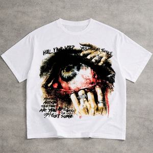 T-shirt Streetwear Oversize à Épaules Tombantes, Effet Délavé Vintage, avec Motif <span class=keywords><strong>Tatouage</strong></span> Main et Œil Gothique Sanglant et Texte Graffiti Vieilli - Product Image 1