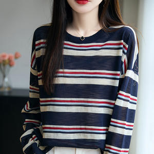 Suéter de punto de alta calidad para mujer, manga larga, nuevo estilo 2025, Top fino a rayas versátil, ropa holgada para mujer adelgazante - Product Image 4