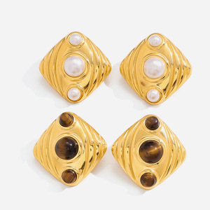 Geometric <b>Stud</b> <b>Earrings</b> Gold Plated Tiger Eye And Faux Pearl Bezel Setting Stainless Steel Jewelry For Gift - Product Image 1