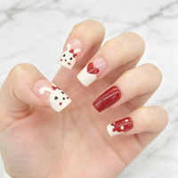 Faux ongles autocollants motif Lapin Bourgogne et Cœur, forme Cercueil Moyenne, en acrylique réutilisables, Lot de 24 pièces pour salon