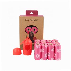 Eco-friendly Pink Paw Printed Corn Starch and EPI Plastic Blended Pet Biodegradable Poop Bag With Dispenser - Product Image 1