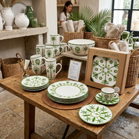 Ensemble d'assiettes en céramique motif palmier tropical, vaisselle en porcelaine vintage à motif botanique, vente en gros pour mariages, restaurants et détaillants