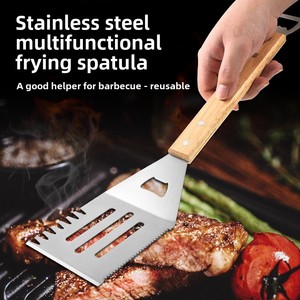 Espátula multifuncional de acero inoxidable para barbacoa al aire libre, mango de madera, abridor de botellas para parrilla de barbacoa doméstica, espátula con fugas de Metal - Product Image 2
