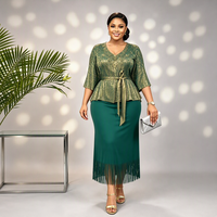 Ensemble deux pièces modeste grande taille, haut en dentelle métallique dorée, jupe midi noire à franges, col en V, robe de soirée pour femmes musulmanes