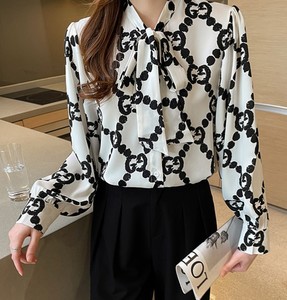 Kaus kantor pita desain bunga, baju blus leher sedang wanita - Product Image 3
