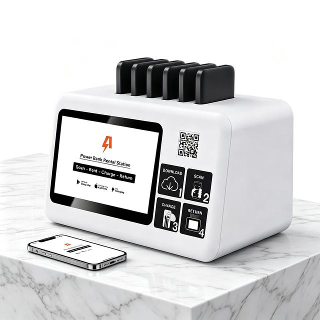 Compact 6-Slot Desktop Power Bank Rental Station with HD Instruction Screen - Tabletop Shared Charging Kiosk for Cafes & Bars