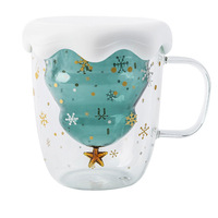 Tasse à café en verre borosilicaté double paroi créative de 300ml avec poignée Arbre de Noël en verre étoile souhait pour cadeau de Noël en gros