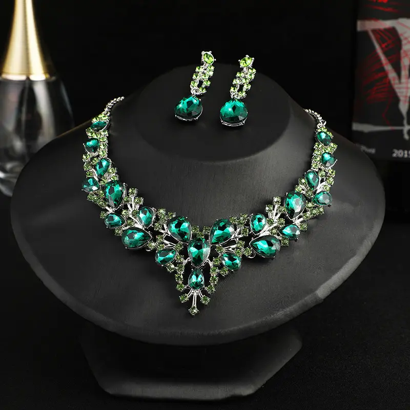 Conjunto de joias para mulheres, de alta qualidade, noiva requintada, colar, brincos, pedra de cristal verde, strass, colar, brinco