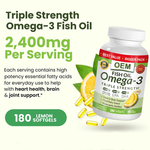 Suplemen Minyak Ikan <span class=keywords><strong>Omega</strong></span> <span class=keywords><strong>3</strong></span> Kekuatan Tiga Kali Lipat OEM 2400mg 180 Kapsul Rasa Lemon Tinggi EPA DHA untuk Pria Wanita Softgel Murni - Product Image 5