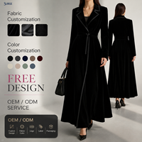 Robe longue élégante personnalisée pour femme en velours noir, col en V, revers, manches longues, taille nouée, coupe trapèze, fente avant, pour le bureau, les soirées ou les occasions décontractées