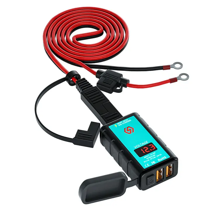 Motorcycle Phone Charger SAE to USB 12v Dc Mobile Phone Usb Charger Dual Usb Ports With Voltmeter