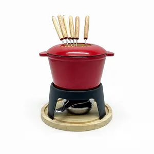 Kitchen Enamel Cast Iron Fondue Set Cheese Melting Pot Metal Stand with Stainless Steel Forks and Chrome Gel Burner