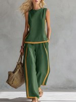 Ensemble deux pièces d'été décontracté pour femme en polyester et lin de bambou, avec gilet sans manches et pantalon large contrastant