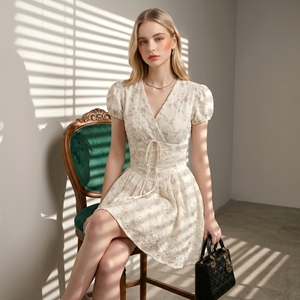 Abito Casual Personalizzato con Pieghe e Volant al Ginocchio per Donne, Motivo Floreale, Scollo a V Profondo, Tessuto Traspirante per il Tempo Libero - Product Image 5