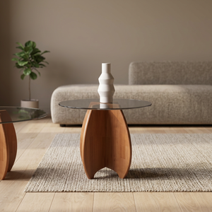 Table basse moderne en verre trempé rond avec base en bois, design minimaliste, meubles de salon - Product Image 1