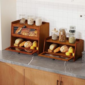 Boîte à pain en bambou, armoire de rangement pour comptoir de cuisine, grande capacité, double couche, avec couvercle rabattable, conteneur de stockage alimentaire - Product Image 4