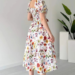 Robe florale pour femmes, coupe trapèze, manches bouffantes, tenue décontractée pour les vacances, mode - Product Image 2