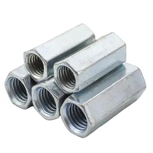 Porca de acoplamento longo de aço carbono, porca de cano hexagonal em aço carbono, m6, m8, m10, m12, m16, m18, m20