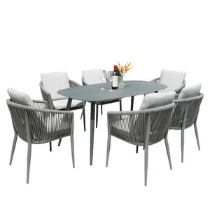 Nordic Best-Selling Pátio Alumínio Corda Outdoor Empilhável Mesa De Jantar E Cadeira Set Móveis