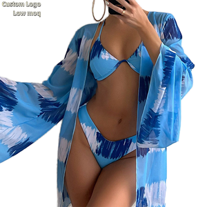 Swimwear OEM ODM Custom <strong>Plus</strong> <strong>Size</strong> Bathing Suit for Women 3 Pieces Swim Suit Halter High Waist Swimwear Pink Floral <strong>Bikini</strong> <strong>Set</strong> - Product Image 1