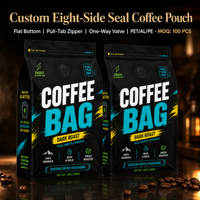 Sachet de café imprimé sur mesure, pochette verticale avec valve de dégazage unidirectionnelle, fermeture éclair, emballage noir mat, languette de tirage