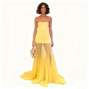 เดรสแฟชั่นผู้หญิงสีพื้นทรงเข้ารูปเอวสูงแบบไร้สายต่อผ้าตาข่าย - Product Image 1